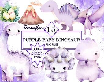 Acuarela Púrpura Bebé Dinosaurio Clipart PNG Paquete, Baby Shower, Guardería, Lindo Dinosaurio PNG, Pastel Púrpura, Descarga Digital, Uso Comercial