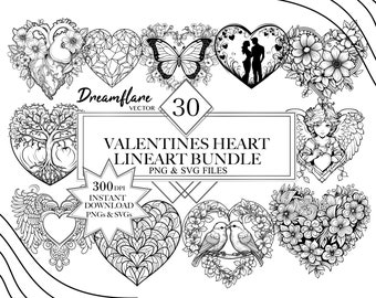 May include: A set of 30 black and white line art Valentine's Day heart designs. The designs include hearts with flowers, angels, trees, and geometric patterns. The text "Dreamflare Vector" and "Valentines Heart Lineart Bundle" is included in the image.