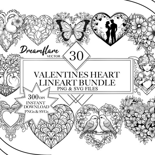 Valentine Heart Line Art PNG & SVG Bundle, Heart Digi Stamp, Valentine Clipart, Floral Heart Clipart, Heart SVG, Digital Printable File