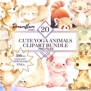 Watercolor Cute Animals Yoga Clipart Bundle, Meditation Clip Art, Self Care PNG, Kawaii Animals PNG, Digital Download File, Commercial Use