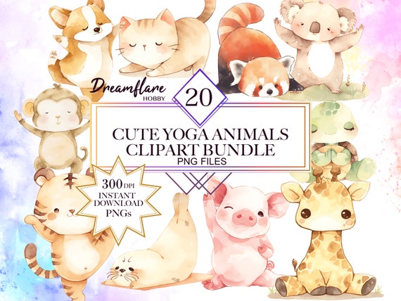 Watercolor Cute Animals Yoga Clipart Bundle, Meditation Clip Art, Self Care PNG, Kawaii Animals PNG, Digital Download File, Commercial Use