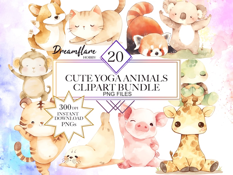 Aquarel schattige dieren yoga clipart bundel, meditatie illustraties, zelfzorg PNG, kawaii dieren PNG, digitaal downloadbestand, commercieel gebruik afbeelding 1