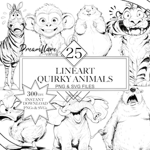 Quirky Animals PNG And SVG Clipart Bundle, Cute Animals PNG, Animals svg, Lineart Clipart, Coloring svg, Digital Download, Commercial Use