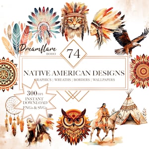 Pacchetto di clipart dei nativi americani dell'acquerello, set di clipart delle popolazioni indigene, PNG indiani, grafica dello sciamano, illustrazioni di design tribale culturale