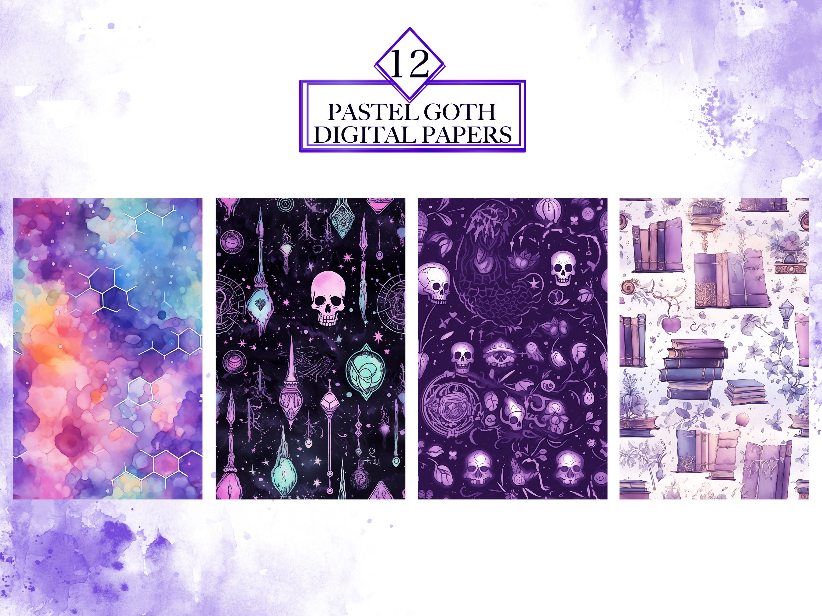 Watercolor Pastel Goth Digital Papers PNG Bundle, Halloween Digital ...