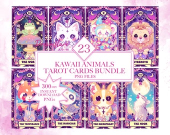 Pacote de Cartas de Tarô de Animais Kawaii em PNG, Kawaii PNG, Cartas de Tarô Kawaii, Gráficos Místicos, Arquivo PNG Wiccan, Download Digital, Uso Comercial