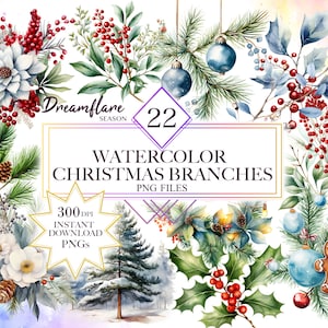Watercolor Christmas Branches Clipart Bundle, Watercolor Christmas Holly Clipart, Christmas Bouquet PNG, Festive Clipart, Christmas PNG