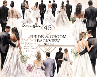 Bride And Groom Back Clipart, Wedding Clipart, Bride And Groom Clipart, Wedding PNG, Watercolor Bride And Groom Clipart, Commercial Use