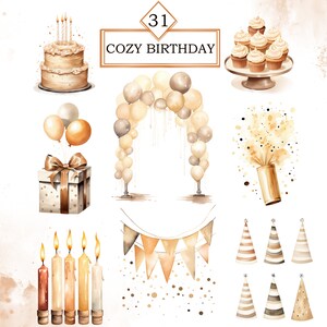 Pu&ograve; includere: Un set di illustrazioni ad acquerello per una festa di compleanno accogliente. Le illustrazioni includono una torta, palloncini, una scatola regalo, candele, cappelli da festa, uno striscione, coriandoli e un porta cupcake con cupcake.