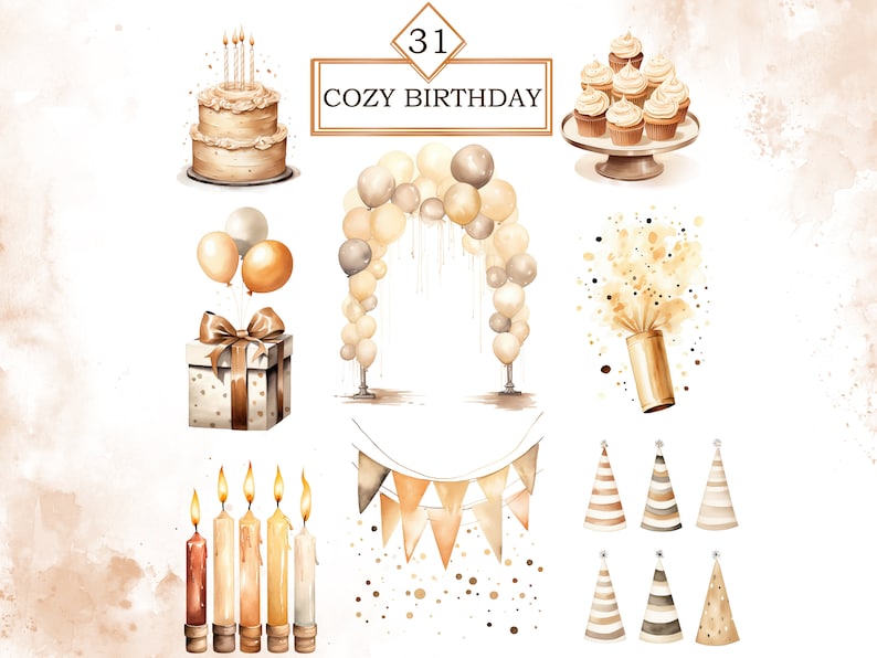Pu&ograve; includere: Un set di illustrazioni ad acquerello per una festa di compleanno accogliente. Le illustrazioni includono una torta, palloncini, una scatola regalo, candele, cappelli da festa, uno striscione, coriandoli e un porta cupcake con cupcake.
