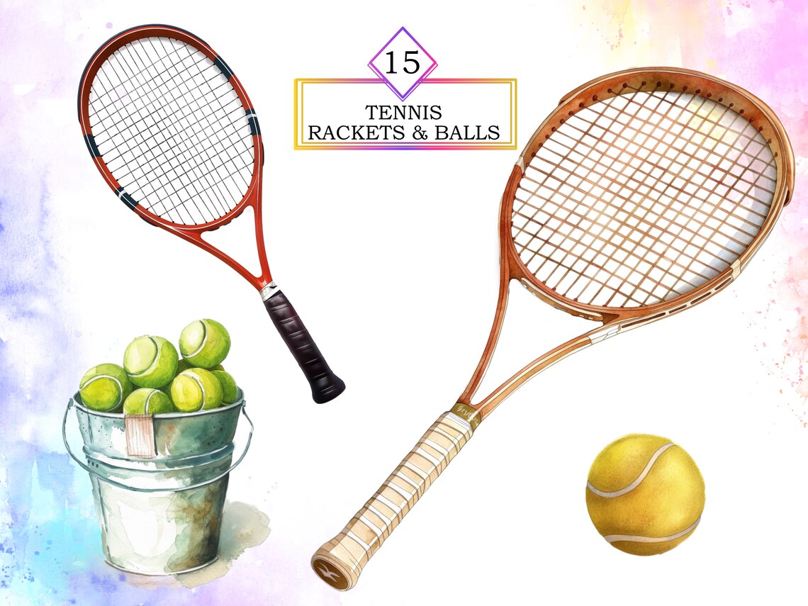 Watercolor Tennis Rackets & Balls Clipart PNG Bundle, Scrapbooking Png ...