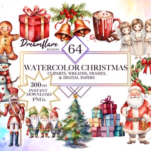 Könnte beinhalten: Ein Set mit 64 Aquarell-Weihnachts-Illustrationen, darunter Cliparts, Kränze, Rahmen und digitale Papiere. Die Illustrationen zeigen einen Lebkuchenmann, einen Schneemann, einen Nussknacker, Gnome, einen Weihnachtsbaum, den Weihnachtsmann, Engel, eine Tasse heiße Schokolade und eine Geschenkbox.