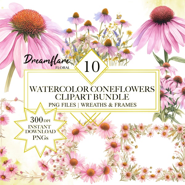 Watercolor Coneflowers Clipart Bundle, Coneflower Clipart, Wildflowers PNG, Meadow PNG, Floral Wreath, Digital Download, Commercial use