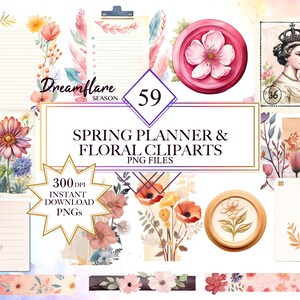 Könnte beinhalten: Ein Set mit 59 digitalen Frühlings-Planer- und Blumen-Clipart-Bildern. Die Bilder beinhalten Blumen, Blätter und andere Frühlingsmotive. Die Bilder sind im PNG-Format und haben eine Auflösung von 300 DPI. Die Bilder sind perfekt für die Verwendung in digitalen Planern, zum Scrapbooking und für andere kreative Projekte.