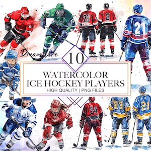 Könnte beinhalten: Zehn Aquarell-Illustrationen von Eishockeyspielern in verschiedenen Posen und Uniformen. Die Spieler sind in einem dynamischen und energiegeladenen Stil dargestellt, wobei der Fokus auf ihrer Athletik und ihrem Können liegt. Die Illustrationen sind vor einem Hintergrund aus Aquarell-Waschungen platziert, wodurch ein Gefühl von Bewegung und Energie entsteht.
