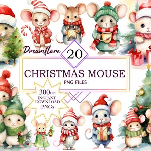 Christmas Mouse Clipart, High Quality 20 PNG, Christmas Clipart, Watercolor Clipart, Card-making, Merry Christmas Season, Commercial Use
