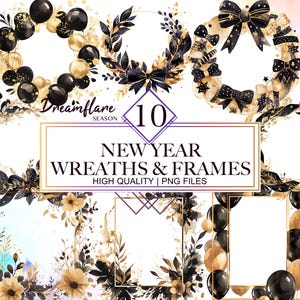 Aquarelle Couronnes et cadres du Nouvel An PNG Bundle, Clipart du Nouvel An, Réveillon du Nouvel An PNG, Conceptions de cartes, Téléchargement numérique, Utilisation commerciale