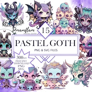 Pastel Goth Clipart, Digital Creepy Cute PNG SVG, Vector Graphics, Kawaii Anime SVG, Gothic Horror Bundle, Magic Spooky Art