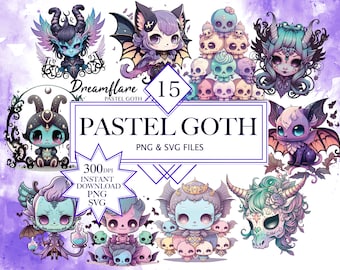 Pastel Goth Clipart, Digital Creepy Cute PNG SVG, Grafica vettoriale, Kawaii Anime SVG, Pacchetto horror gotico, Arte spettrale magica