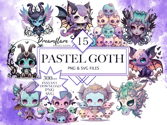 Pastel Goth Clipart, Digital Creepy Cute PNG SVG, Vector Graphics, Kawaii Anime SVG, Gothic Horror Bundle, Magic Spooky Art