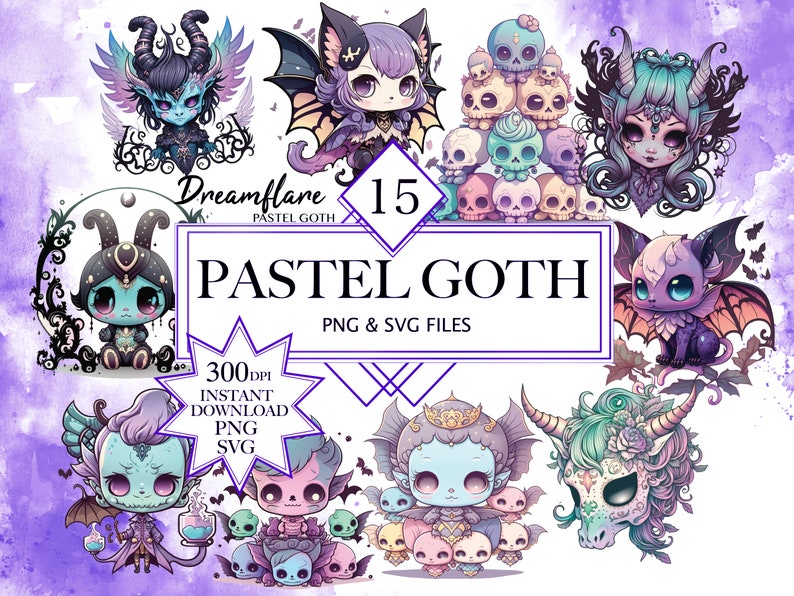 May include: A set of 15 pastel goth digital illustrations featuring cute characters with wings, horns, and skulls. The illustrations are in PNG and SVG format and are perfect for crafting, scrapbooking, and digital design projects.