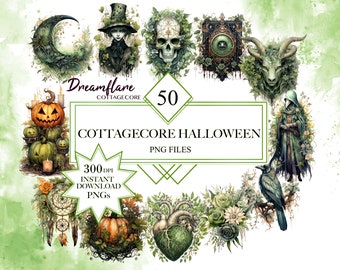 Acquerello Cottagecore, Clipart di Halloween Goth pastello, Design di sublimazione, Illustrazione carina e raccapricciante, Scaricabile, Illustrazione di arte vettoriale