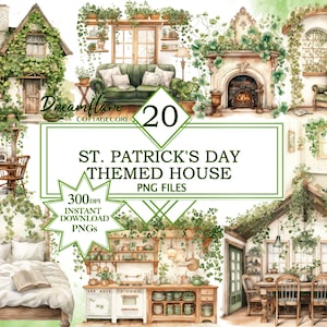 Könnte beinhalten: Ein Set mit 20 digitalen Illustrationen eines Cottagecore-Hauses, das für den St. Patrick's Day dekoriert ist. Das Haus verfügt über eine Vielzahl von Räumen, darunter ein Wohnzimmer, ein Schlafzimmer, eine Küche, ein Badezimmer und ein Esszimmer. Jeder Raum ist mit Kleeblättern, grünen Akzenten und anderen Dekorationen zum St. Patrick's Day dekoriert. Die Illustrationen sind im Aquarellstil gehalten und eignen sich perfekt für die Erstellung digitaler Scrapbooking-Projekte, Einladungen oder anderer Bastelarbeiten.