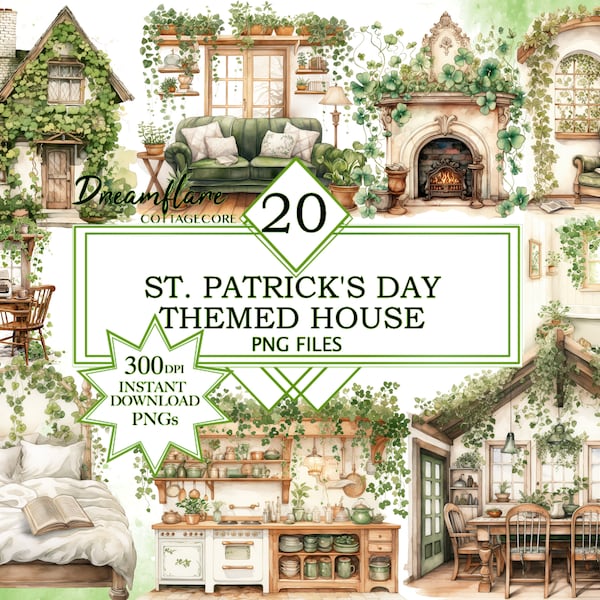 St. Patrick's Day Themed House Clipart PNG Bundle, St. Patrick's Day Clipart, Interior House PNG, Irish House PNG, Shamrock, Commercial Use