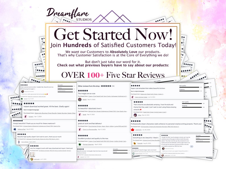 Puede incluir: Un gr&aacute;fico colorido con el texto "Get Started Now!" y "Join Hundreds of Satisfied Customers Today!" El gr&aacute;fico tambi&eacute;n incluye el texto "Over 100+ Five Star Reviews" y presenta varias rese&ntilde;as de clientes con calificaciones de cinco estrellas.