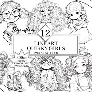 Quirky Girls PNG And SVG Clipart Bundle, Cute Girls Clipart, Kids SVG, Lineart Clipart, Scrapbooking, Digital Download, Commercial Use