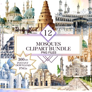 Könnte beinhalten: Ein digitales Clipart-Paket mit 12 Aquarell-Illustrationen von Moscheen. Die Illustrationen sind in verschiedenen Stilen und Farben gehalten und beinhalten Details wie Minarette, Kuppeln und Bögen. Der Text "300 DPI Sofort-Download PNGs" ist im Bild enthalten.