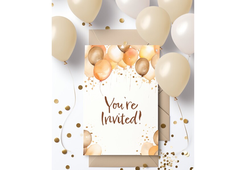 Pu&ograve; includere: Un biglietto bianco con il testo "You're Invited!" circondato da palloncini ad acquerello in tonalit&agrave; di marrone e arancione. Il biglietto &egrave; su uno sfondo bianco con coriandoli dorati.