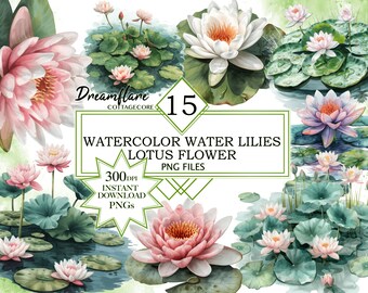 Ninfee dell'acquerello Lotus Flower Clipart PNG Bundle, Water Lily Clipart, Lotus Flower PNG, Primavera, File di download digitale, Uso commerciale