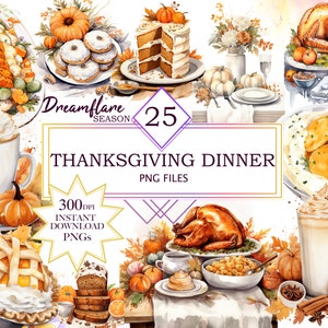 Könnte beinhalten: Eine Aquarell-Illustration eines Thanksgiving-Dinners mit einer Auswahl an Speisen, darunter ein Truthahn, Kartoffelpüree, Kürbiskuchen und ein Glas Eierlikör. Die Illustration ist vor einem Hintergrund aus Herbstlaub und Kürbissen platziert. Der Text "Dreamflare Season 25 Thanksgiving Dinner PNG Files 300 DPI Instant Download PNGs" ist ebenfalls im Bild enthalten.