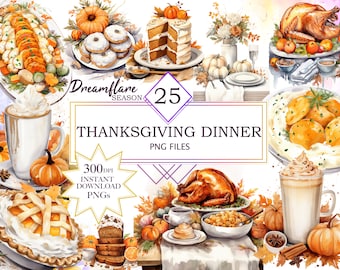 Thanksgiving Dinner Clipart, Watercolor Thanksgiving Dinner Clipart PNG, Thanksgiving Food Clipart, Printable Digital File, Commercial Use