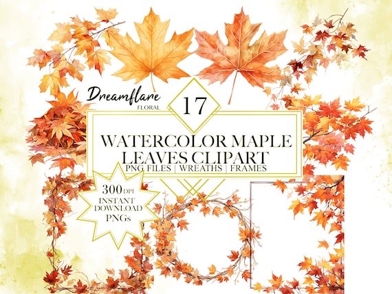 Watercolor Maple Leaves Clipart Bundle, Fall Leaves PNG, Leaves PNG, Maple Leaf, Autumn PNG, Wreath Png, Digital Download, Commercial use