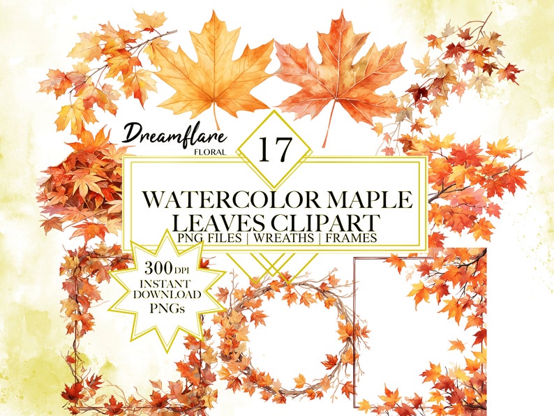 Puede incluir: Conjunto de clipart de acuarela de 17 hojas de arce en tonos naranja y rojo. Las hojas est&aacute;n dispuestas en forma de corona y son perfectas para agregar un toque de oto&ntilde;o a tus dise&ntilde;os. El texto "Dreamflare Floral" y "Watercolor Maple Leaves Clipart" est&aacute; incluido en la imagen.