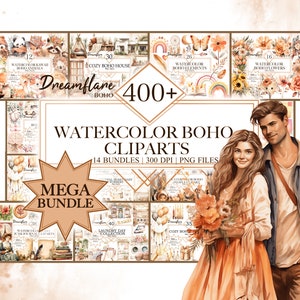 Watercolor Boho Clipart Mega Bundle, Boho PNG Bundle, Boho Floral Clipart, Rustic Cozy Boho PNG, Printable Digital File, Commercial Use