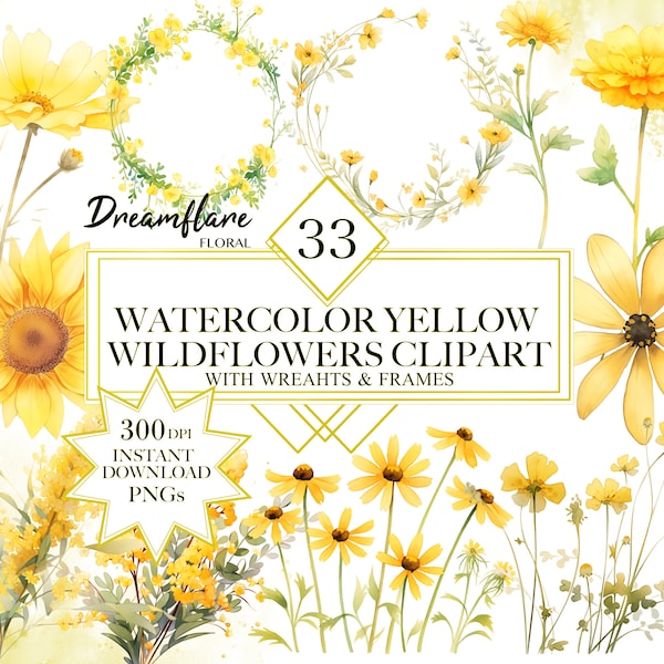 Yellow Wildflowers Watercolor Clipart Bundle, Wildflowers PNG, Yellow Flowers Clipart, Meadow Clipart, Flower Arrangements, Floral Clipart