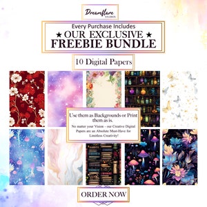 Pode incluir: Uma colagem de 10 designs de papel digital com v&aacute;rios temas, incluindo padr&otilde;es florais, cenas celestiais e ilustra&ccedil;&otilde;es caprichosas. O texto "Dreamflare Studios" e "Every Purchase Includes Our Exclusive Freebie Bundle" &eacute; exibido na parte superior da imagem. O texto "10 Digital Papers" &eacute; exibido abaixo do texto "Freebie Bundle". O texto "Use them as Backgrounds or Print them as is." &eacute; exibido no centro da imagem. O texto "No matter your Vision - our Creative Digital Papers are an Absolute Must-Have for Limitless Creativity!" &eacute; exibido abaixo do texto "Use them as Backgrounds or Print them as is.". O texto "ORDER NOW" &eacute; exibido na parte inferior da imagem.