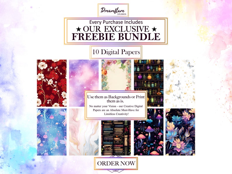 Pode incluir: Uma colagem de 10 designs de papel digital com v&aacute;rios temas, incluindo padr&otilde;es florais, cenas celestiais e ilustra&ccedil;&otilde;es caprichosas. O texto "Dreamflare Studios" e "Every Purchase Includes Our Exclusive Freebie Bundle" &eacute; exibido na parte superior da imagem. O texto "10 Digital Papers" &eacute; exibido abaixo do texto "Freebie Bundle". O texto "Use them as Backgrounds or Print them as is." &eacute; exibido no centro da imagem. O texto "No matter your Vision - our Creative Digital Papers are an Absolute Must-Have for Limitless Creativity!" &eacute; exibido abaixo do texto "Use them as Backgrounds or Print them as is.". O texto "ORDER NOW" &eacute; exibido na parte inferior da imagem.