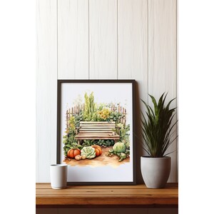 May include: A watercolor painting of a wooden bench in a garden setting. The bench is surrounded by green plants and flowers. There are pumpkins and gourds on the ground in front of the bench.