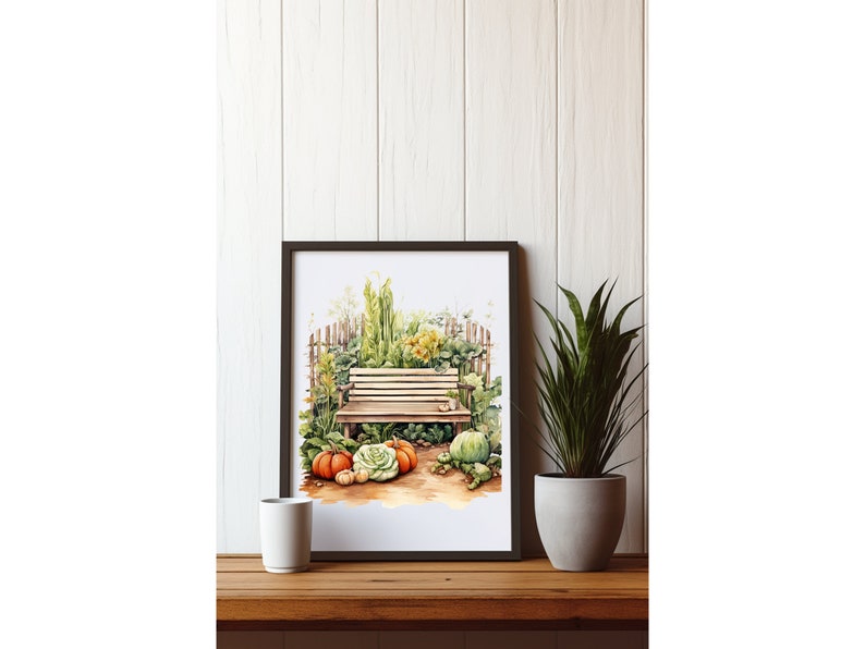 May include: A watercolor painting of a wooden bench in a garden setting. The bench is surrounded by green plants and flowers. There are pumpkins and gourds on the ground in front of the bench.