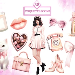 May include: A set of 35 pink and white digital illustrations with a coquette theme. The illustrations include a woman in a white dress, a cat with a pink bow, a heart-shaped box of chocolates, a pink candle, a pink phone, a pair of pink sunglasses, a bottle of perfume with a pink bow, and a pink bow.