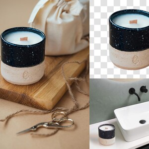 Puede incluir: Dos velas de cer&aacute;mica negra y blanca con mechas de madera. Las velas est&aacute;n sobre una superficie de madera con cuerda y un par de tijeras.