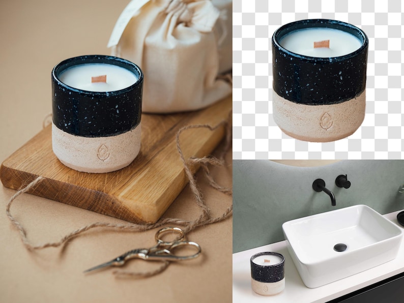 Puede incluir: Dos velas de cer&aacute;mica negra y blanca con mechas de madera. Las velas est&aacute;n sobre una superficie de madera con cuerda y un par de tijeras.