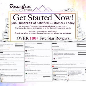 Puede incluir: Un gr&aacute;fico colorido con el texto "Get Started Now!" y "Join Hundreds of Satisfied Customers Today!" El gr&aacute;fico tambi&eacute;n incluye el texto "Over 100+ Five Star Reviews" y presenta varias rese&ntilde;as de clientes con calificaciones de cinco estrellas.