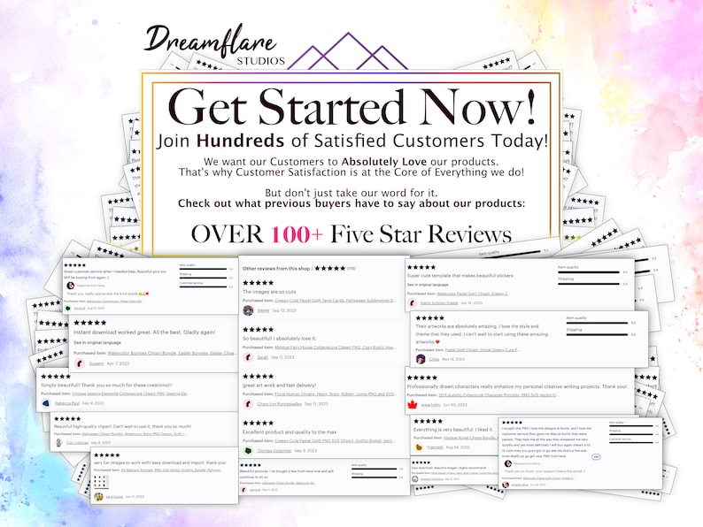 Puede incluir: Un gr&aacute;fico colorido con el texto "Get Started Now!" y "Join Hundreds of Satisfied Customers Today!" El gr&aacute;fico tambi&eacute;n incluye el texto "Over 100+ Five Star Reviews" y presenta varias rese&ntilde;as de clientes con calificaciones de cinco estrellas.