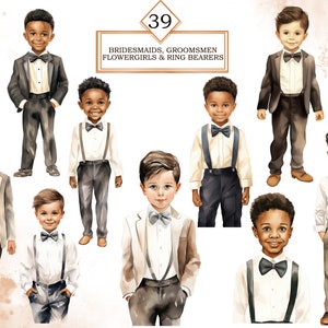 May include: A set of 9 watercolor illustrations of children dressed in formal attire for a wedding. The children are wearing suits and bow ties in various colors, including beige, brown, and black. The illustrations are perfect for wedding invitations, save the dates, or other wedding stationery.