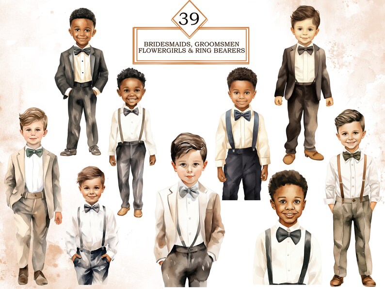 May include: A set of 9 watercolor illustrations of children dressed in formal attire for a wedding. The children are wearing suits and bow ties in various colors, including beige, brown, and black. The illustrations are perfect for wedding invitations, save the dates, or other wedding stationery.